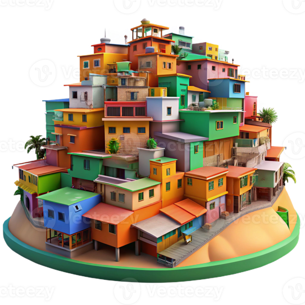 serene creative A colorful favela built on a hillside, vibrant and lively, urban landscape, high quality png