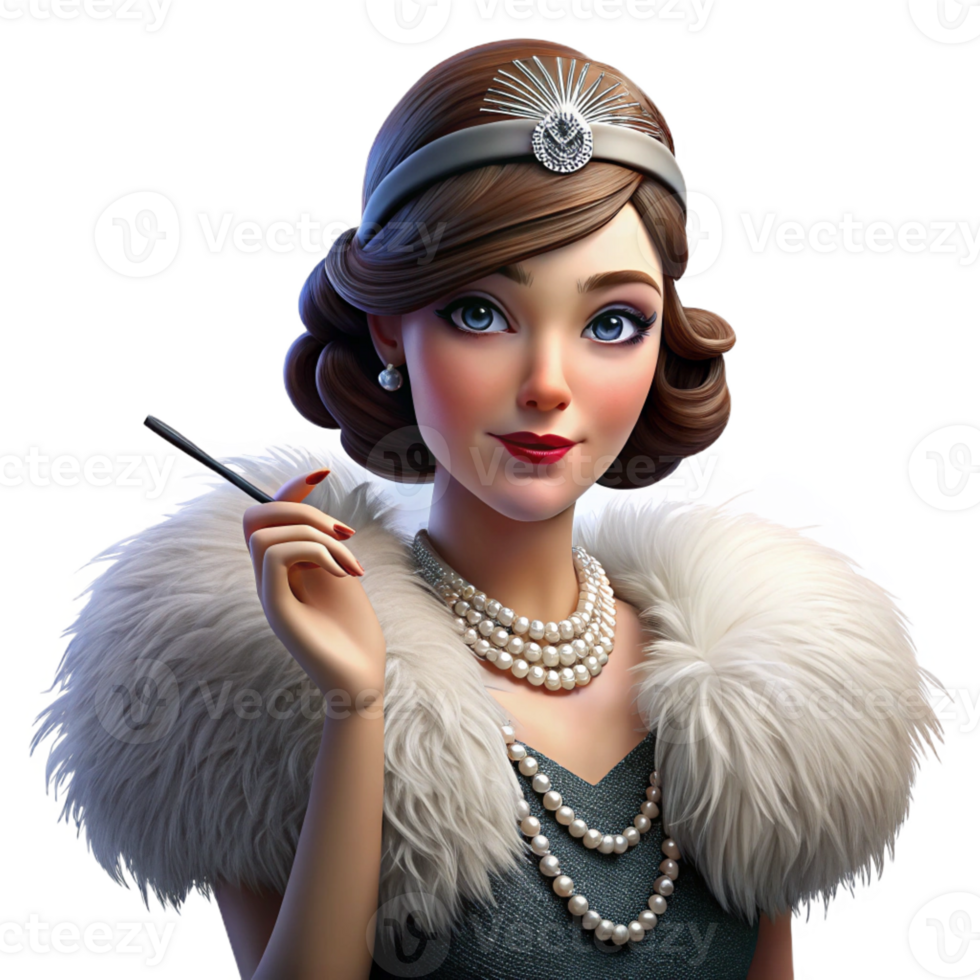 dramatic rustic Portrait of a glamorous 1920s flapper with a feather boa and a cigarette holder, dramatic spotlighting, art deco style high resolution png