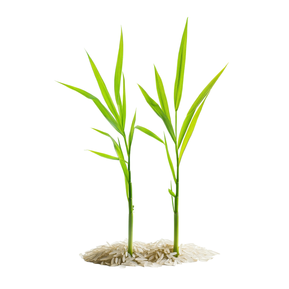 Small rice plants growing from grains on a transparent background, showcasing early stages of rice cultivation and agriculture, Small rice plants on transparent background. Rice seedlings transparent png