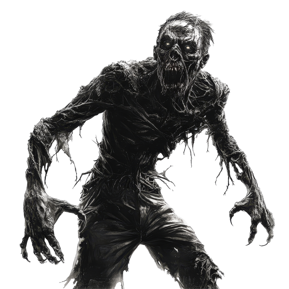 Creepy zombie creature emerges from the shadows, showcasing terrifying features and gnarled hands in a horrorthemed setting, Creepy Zombie Creature Scariest Horror Character On transparent background png