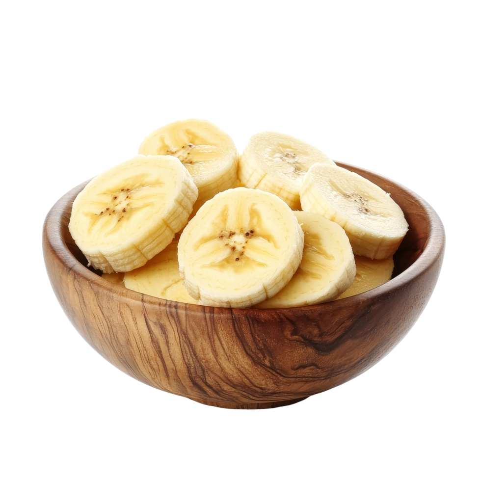 Fresh banana slices in a wooden bowl isolated on a clean transparent background, Banana slice in wood bowl isolated on transparent background png