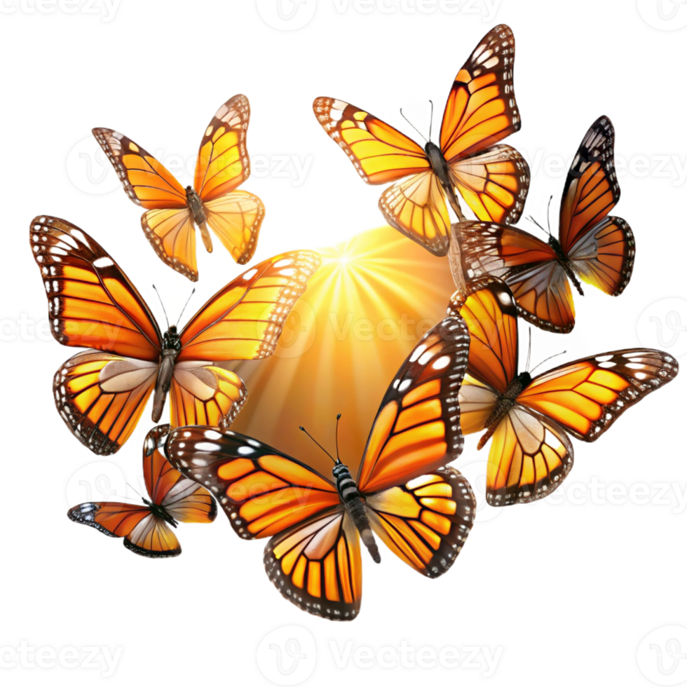 serene modern A swarm of monarch butterflies migrating through a sunbeam, vibrant colors, impressionist style professional png