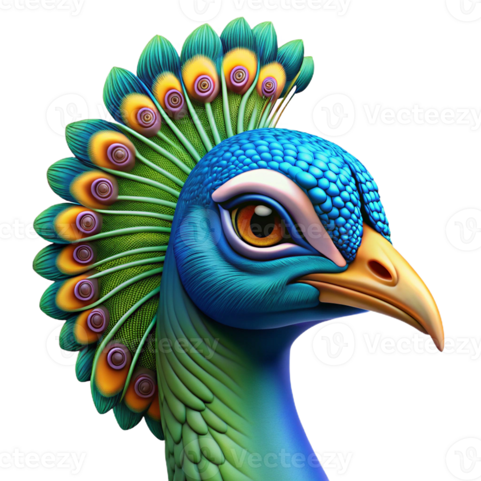 vibrant modern Portrait of a colorful peacock with its feathers fully displayed, vibrant natural lighting, realistic animal portrait style, premium png