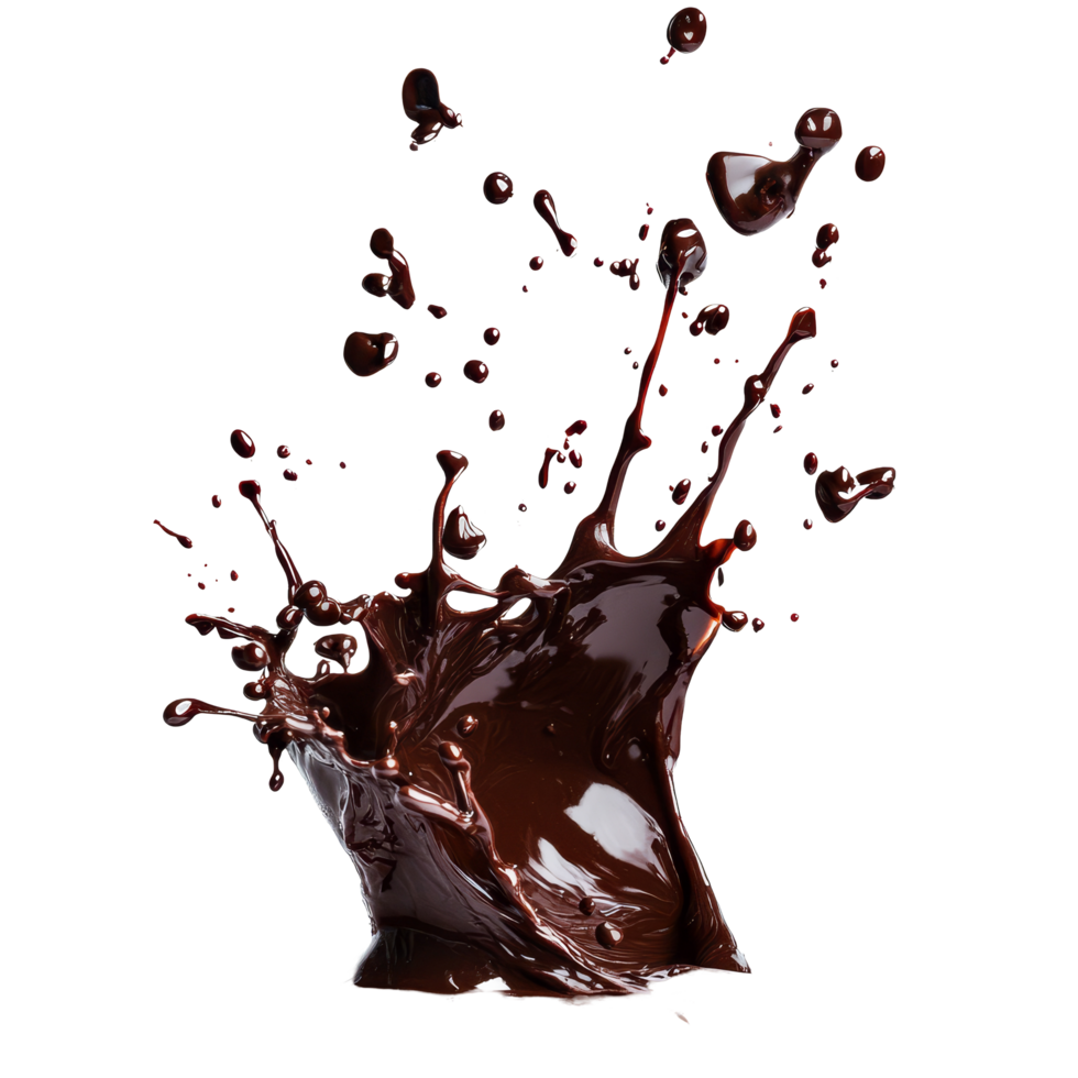 Chocolate splash creating dynamic patterns on a transparent background, showcasing rich textures and vibrant flow, chocolate splash on transparent background png