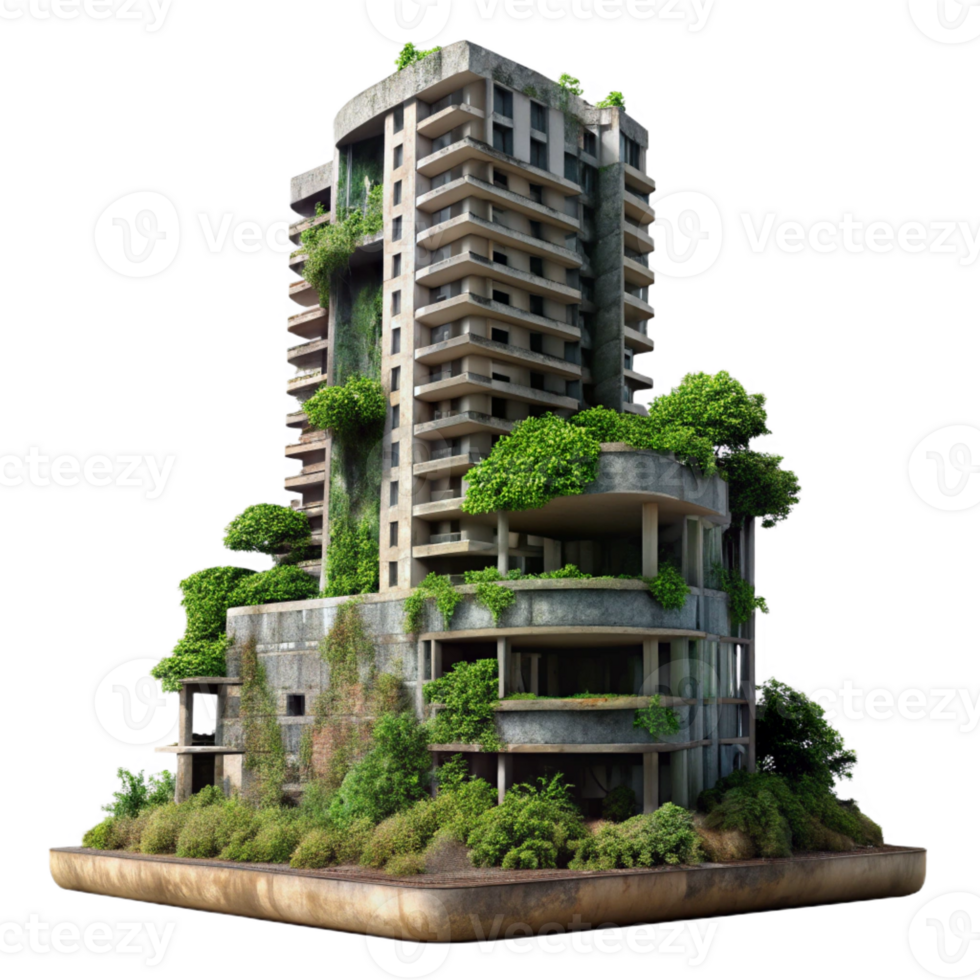 wonderful creative Post-apocalyptic ruins of a skyscraper, overgrown with vegetation, muted sunlight, desolate atmosphere, hyperrealistic, matte painting, genuine png