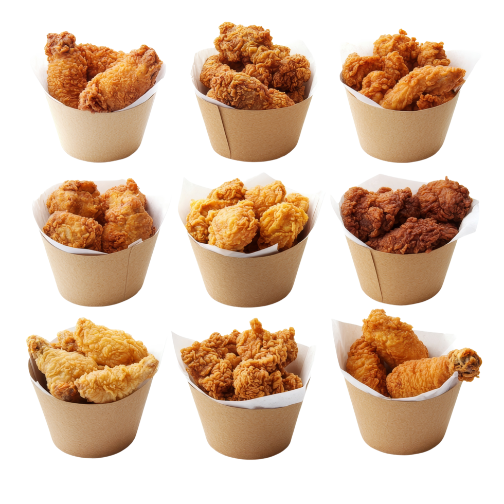A delightful collection of crispy fried chicken in paper buckets presented on a plain transparent background, Fried Chicken in paper bucket isolated on transparent background png