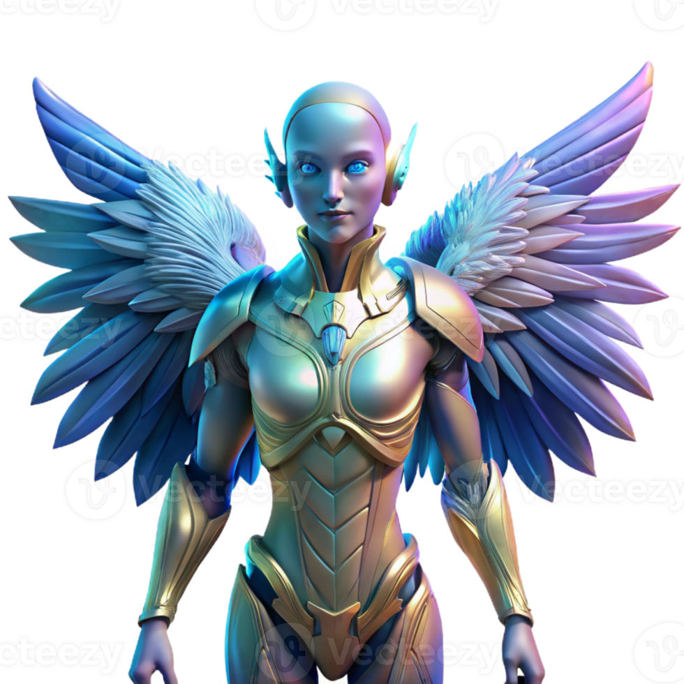 elegant artistic A cyborg with feathered wings, ethereal, soft lighting, fantasy art style detailed png