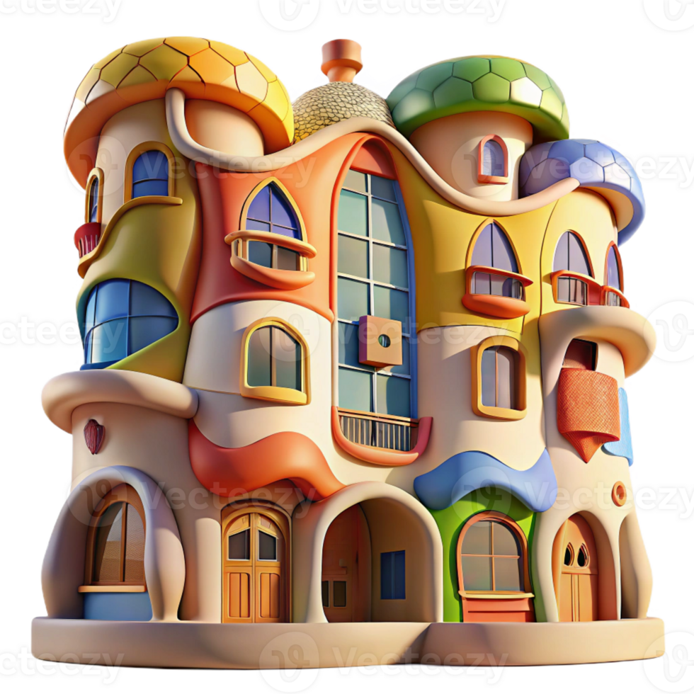 stunning vintage A Gaudi-inspired apartment building, organic shapes and colorful mosaics, bright sunlight, whimsical and playful style genuine png