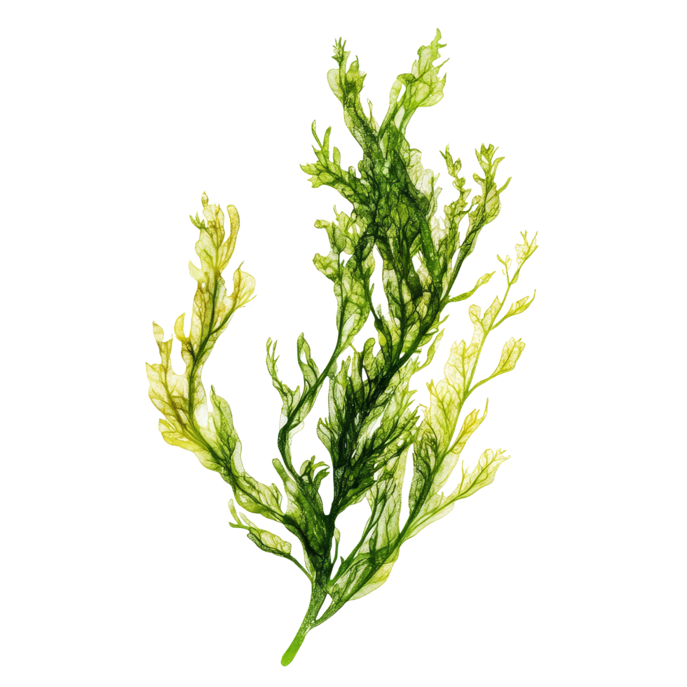 Fresh green algae specimen isolated on a transparent background showcasing its intricate structure and vibrant color, Fresh green algae isolated on transparent background. Algae transparent background png