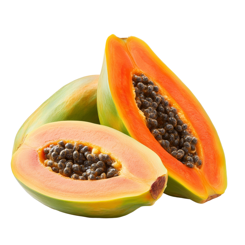 Ripe papaya fruit cut in half revealing seeds, perfect for a tropical fruit salad or healthy snack, whole and half of ripe papaya fruit with seeds on transparent background png
