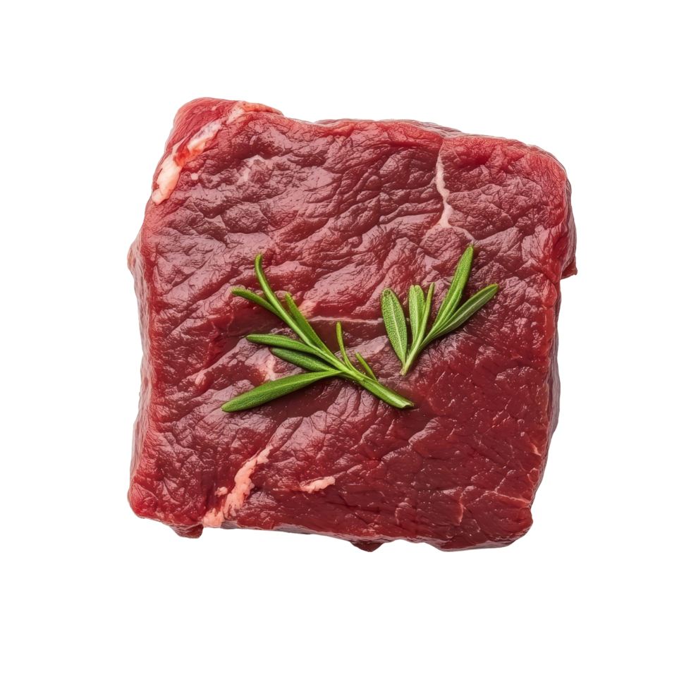 Raw uncooked beef fillet rump meat with fresh rosemary isolated on transparent background, Isolated raw uncooked beef fillet rump meat png