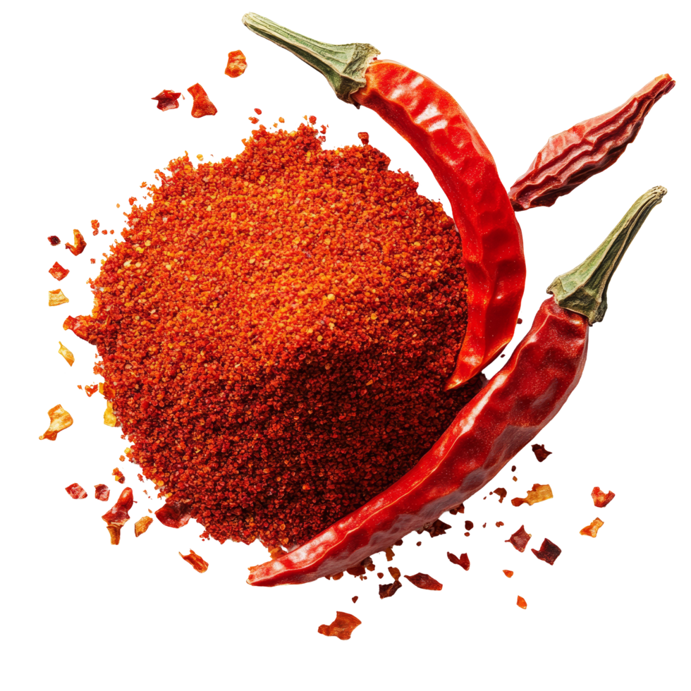 Cayenne pepper spice and dried pods displayed on a transparent background for culinary use and food preparation, Cayenne pepper on transparent background png