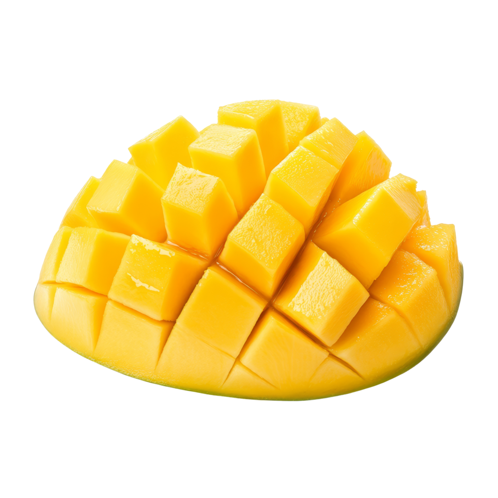 Freshly sliced mango pieces arranged on a clean, transparent background perfect for fruit lovers, slice mango isolated on transparent background png