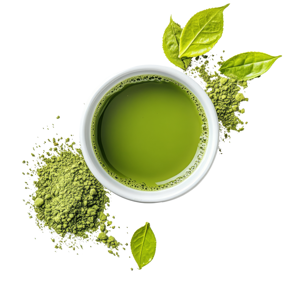 Instant matcha green tea in a bowl with powder and fresh leaves on a transparent background, instant matcha green tea on transparent background png