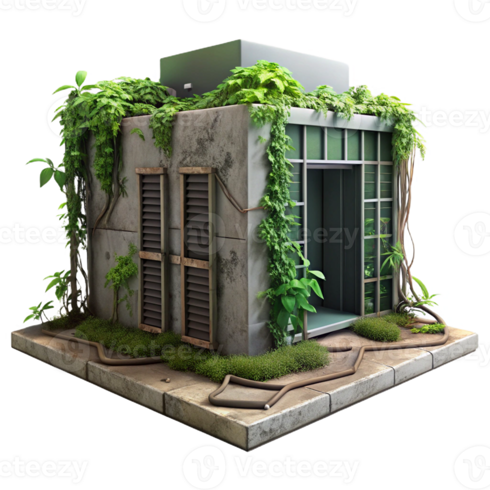 impressive creative A decaying server room overgrown with vines, post-apocalyptic style, dim and dusty lighting premium png