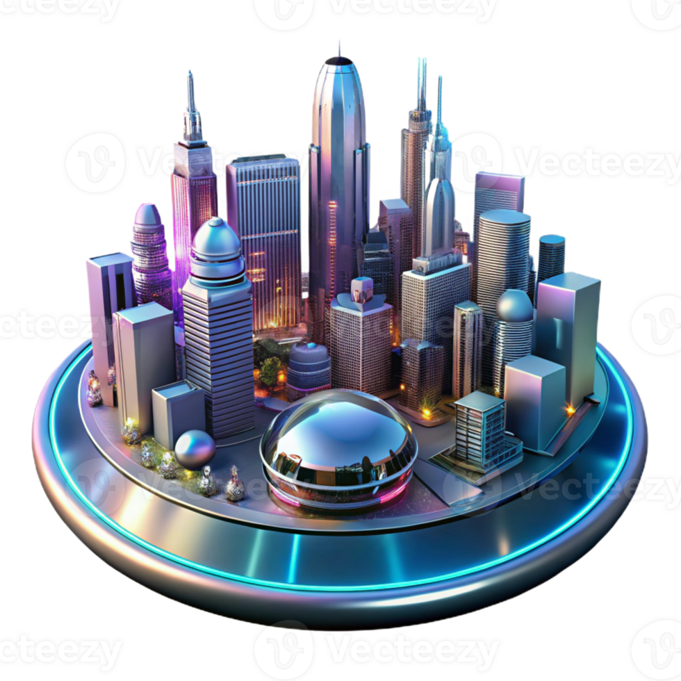 vibrant minimalist A futuristic cityscape reflected in a polished chrome surface, skyscrapers and flying vehicles, cyberpunk style, illuminated by neon reflections exclusive png