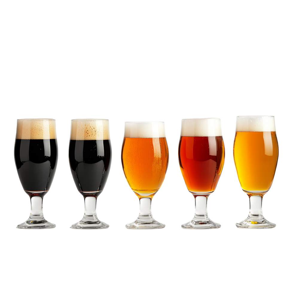 A variety of craft beer glasses arranged on a transparent background showcasing unique colors and foam textures, Craft Beer Glasses On transparent background png