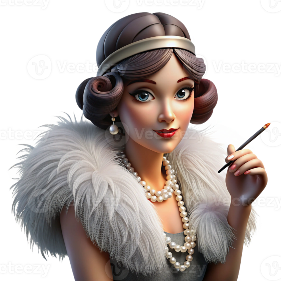 serene creative Portrait of a glamorous 1920s flapper with a feather boa and a cigarette holder, dramatic spotlighting, art deco style professional png