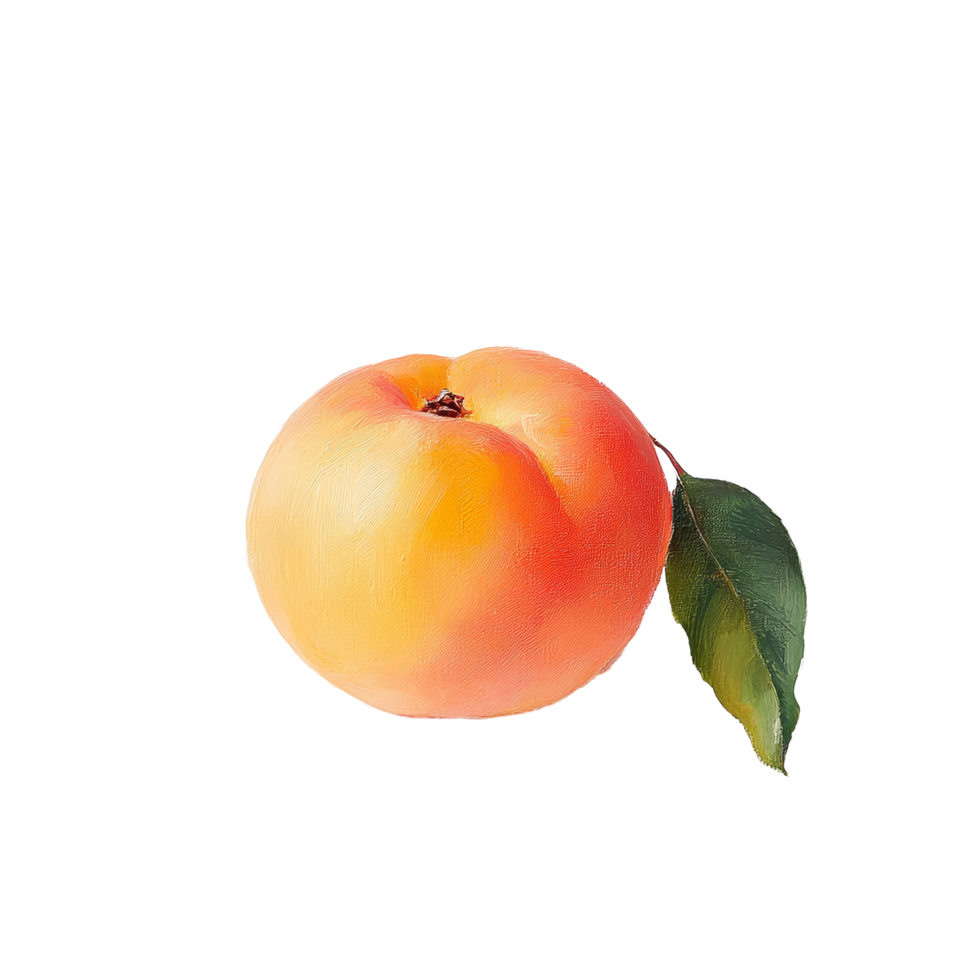 Fresh peach resting on a transparent background with a green leaf, showcasing natural colors and texture in detail, Striped Beach Bags on transparent background png