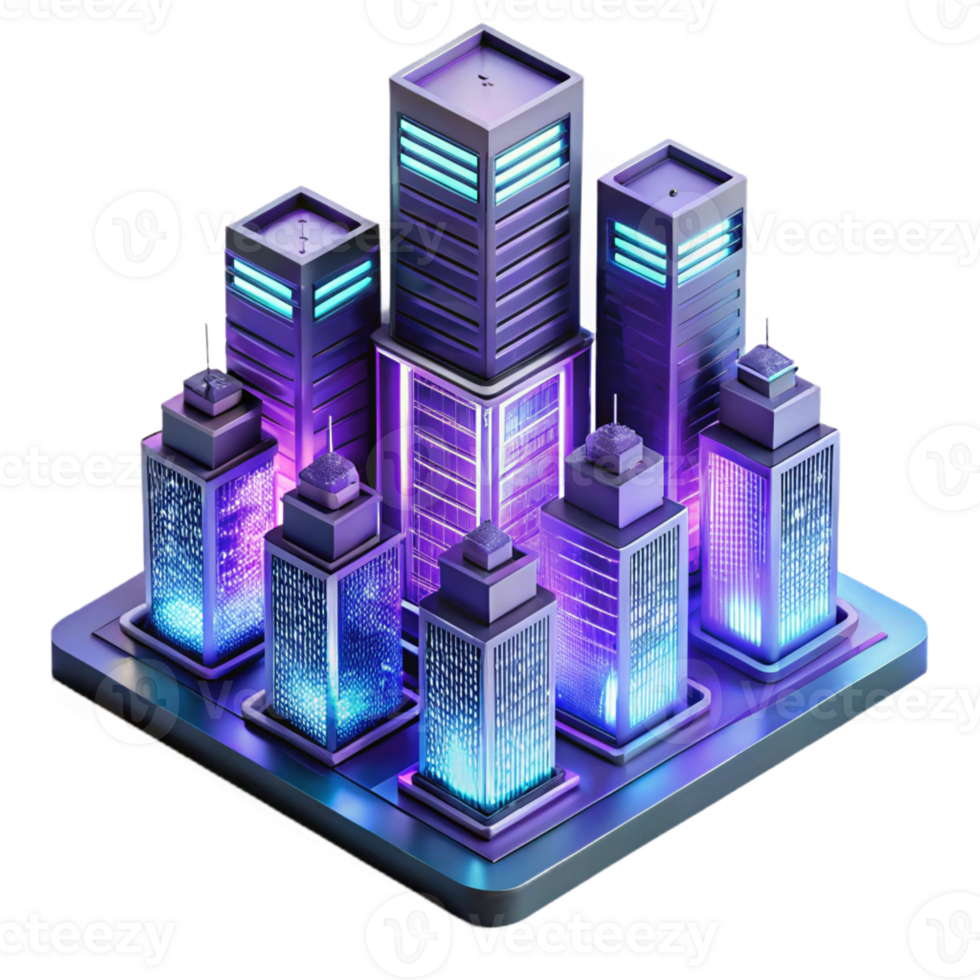 dramatic abstract A futuristic cityscape of interconnected glass towers, neon lights reflecting in rain-slicked surfaces, cyberpunk style authentic png