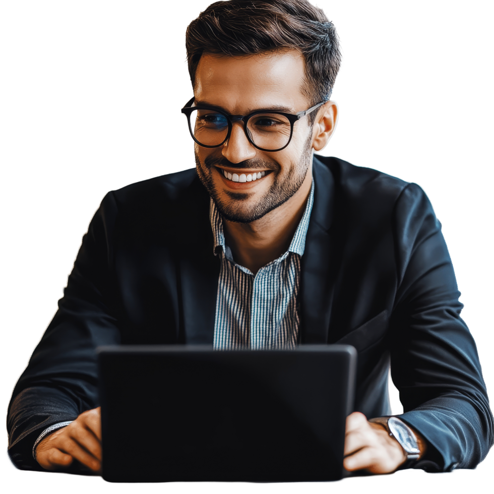 Businessman engaging with laptop in a bright office setting for productive remote work session, file no background Businessman connecting with his laptop png
