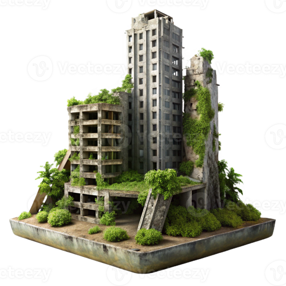 dramatic rustic Post-apocalyptic ruins of a skyscraper, overgrown with vegetation, muted sunlight, desolate atmosphere, hyperrealistic, matte painting, 4K png