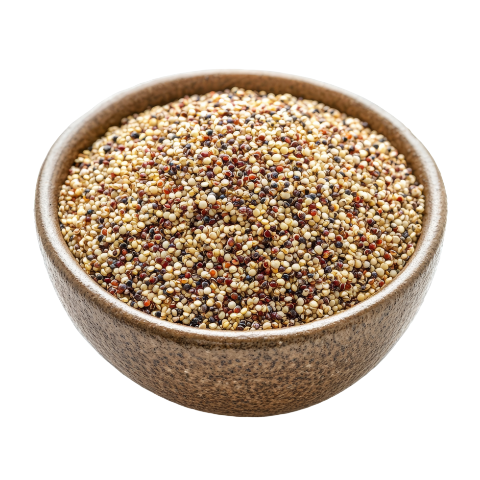 A bowl filled with colorful quinoa grains on a clean transparent background showcases healthy eating options, Quinoa in a bowl on transparent background png