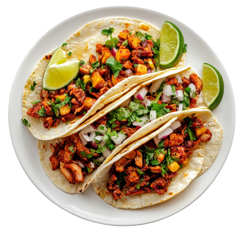 Delicious plate of tacos al pastor topped with onions and fresh cilantro with lime wedges on the side, Top view delicious tacos al pastor food plate on a transparent background png