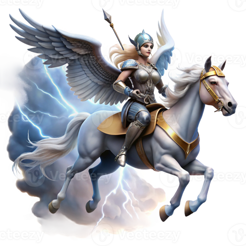 magnificent vintage A Valkyrie riding a winged horse through a stormy sky, lightning illuminating her armor, dramatic and dynamic style exclusive png