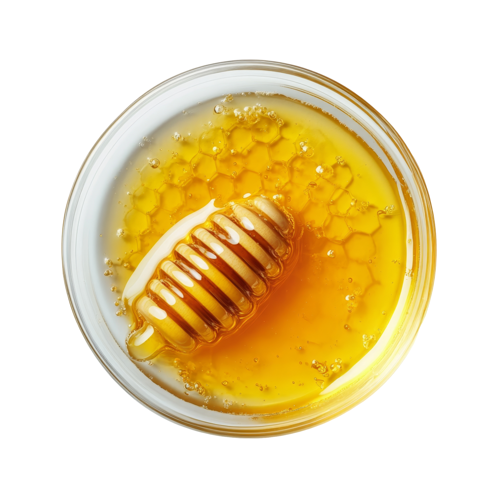 Golden honey in a petri dish with honeycomb on a transparent background in a clean flat lay arrangement, Honey in petri dish over transparent background flat lay png