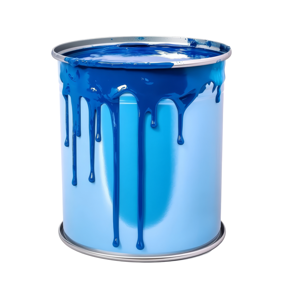 A large can of blue paint with drips reflecting creativity and preparation for a painting, large open can of blue paint with drips, file of isolated object with shadow on transparent background png