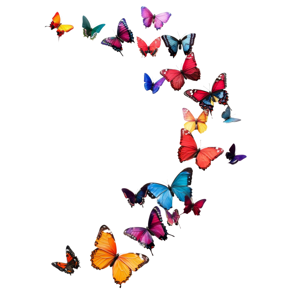 Colorful butterflies of various species in vibrant hues gracefully arranged on a transparent background for artistic display, colorful butterflies isolated transparent background png