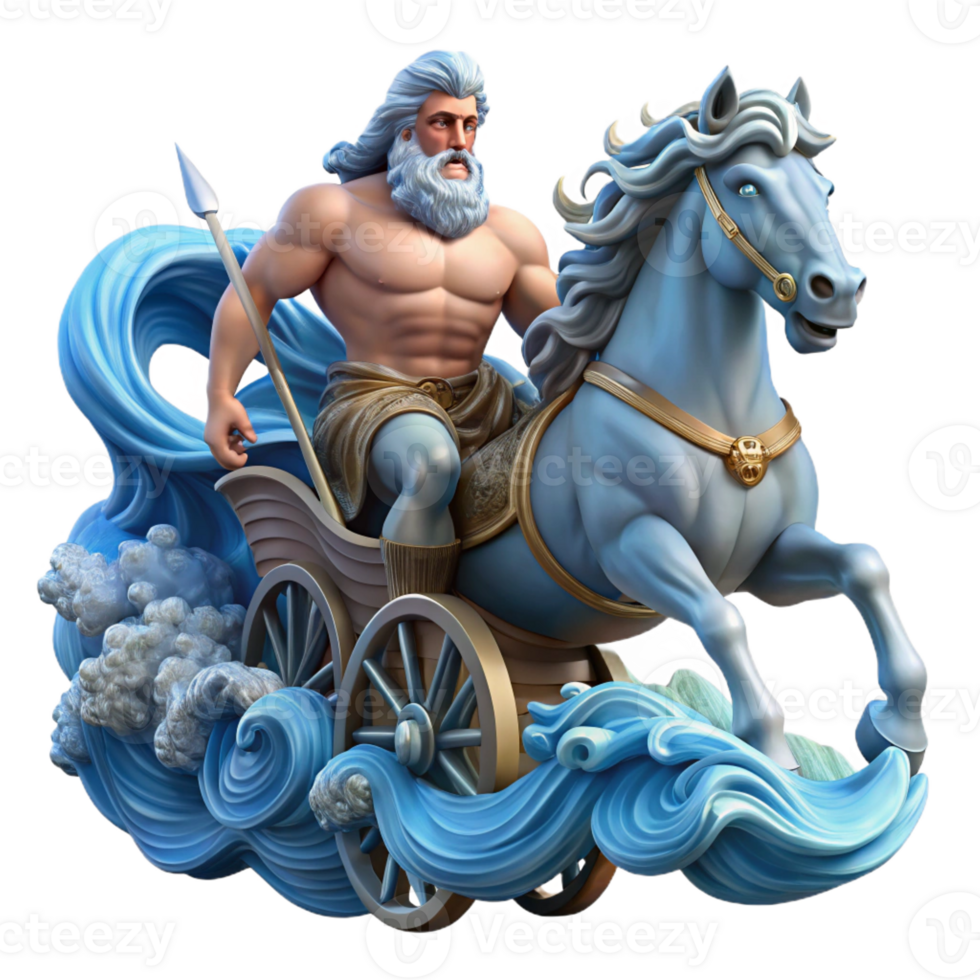 dramatic contemporary Poseidon commanding a storm-tossed sea, waves crashing around his chariot pulled by hippocamps, painted in a dramatic Baroque style 4K png