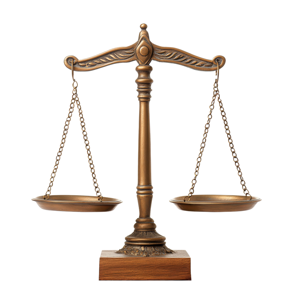 Classic balance scales representing justice on a clean transparent background for elegant presentation, Balance Scales on transparent background png