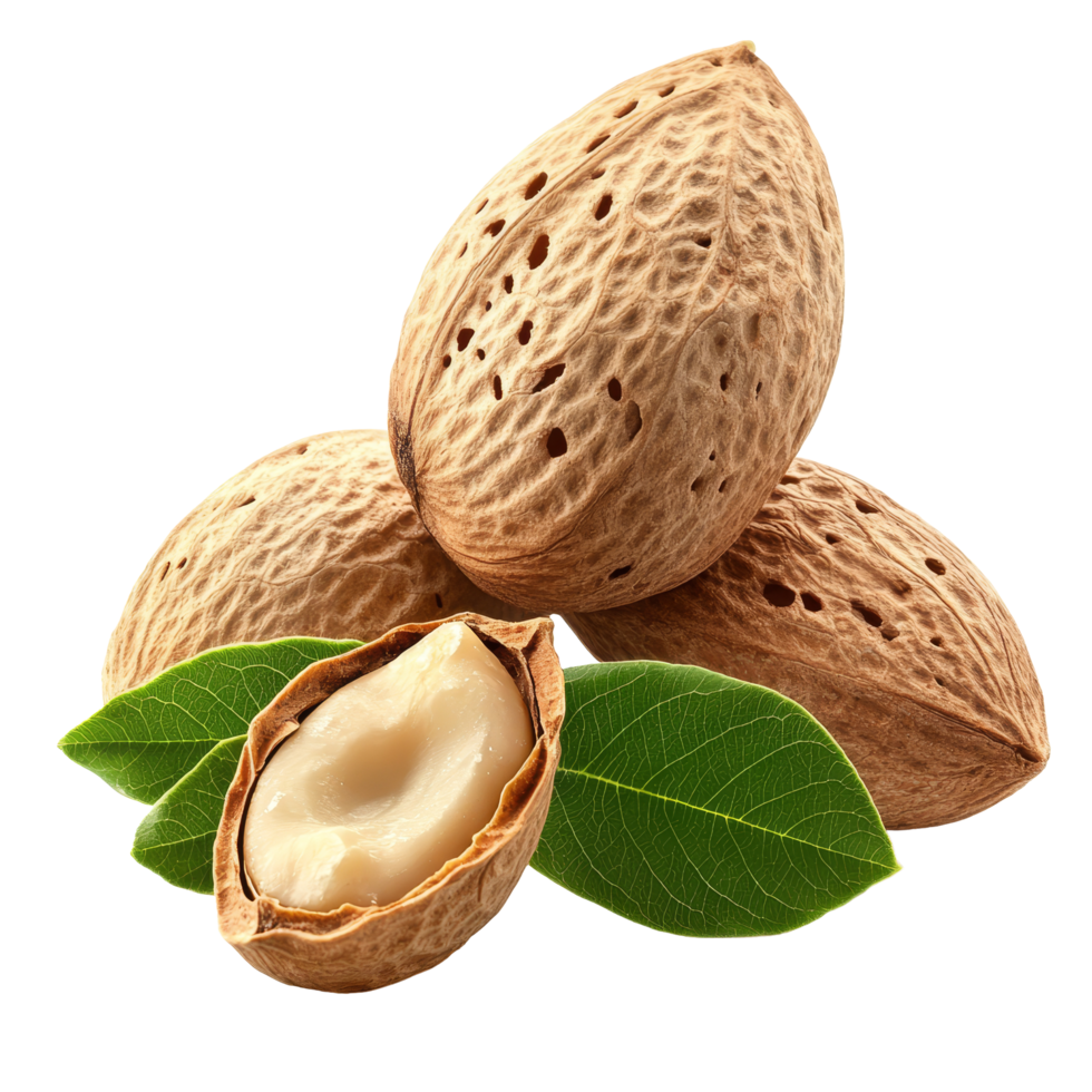 A group of raw almonds with shells resting on a transparent surface surrounded by green leaves, Group of almonds nut with shell isolated on transparent background png