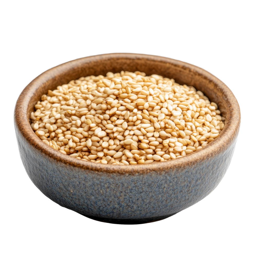 Sesame seeds in a rustic ceramic bowl against a simple transparent background for culinary use or decorative purposes, sesame seeds in a ceramic bowl on transparent background png