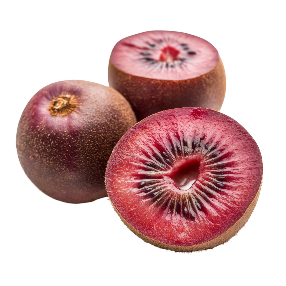 Fresh red kiwi fruit sliced open with vivid flesh displayed on a simple transparent background for culinary exploration, red kiwi fruit on transparent background png