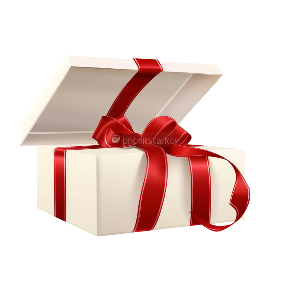 A beautifully wrapped gift box with a red ribbon opened, resting on a transparent background ready for celebration, Red open gift box with ribbon isolated on transparent background png