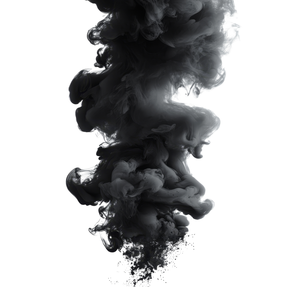 Black smoke swirling upwards against a transparent background showcasing dynamic movement and texture, black smoke on transparent background png