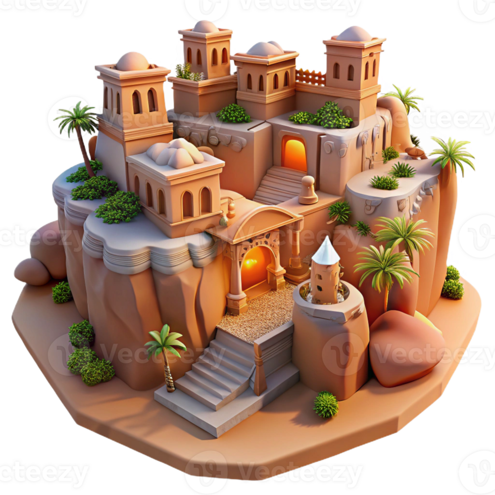 wonderful abstract A desert oasis town built into sandstone cliffs, warm earthy tones, intricate carvings, sunset lighting authentic png