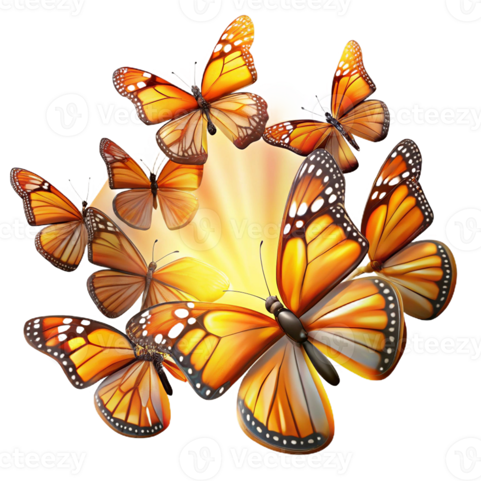 dramatic vintage A swarm of monarch butterflies migrating through a sunbeam, vibrant colors, impressionist style detailed png