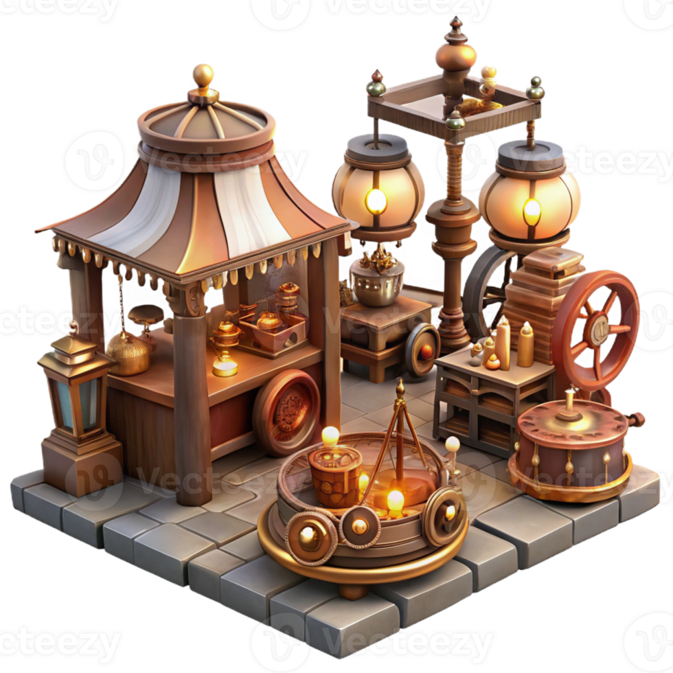 dramatic artistic A bustling steampunk marketplace, filled with vendors selling fantastical gadgets, cogs and gears scattered about, lit by flickering gaslight detailed png