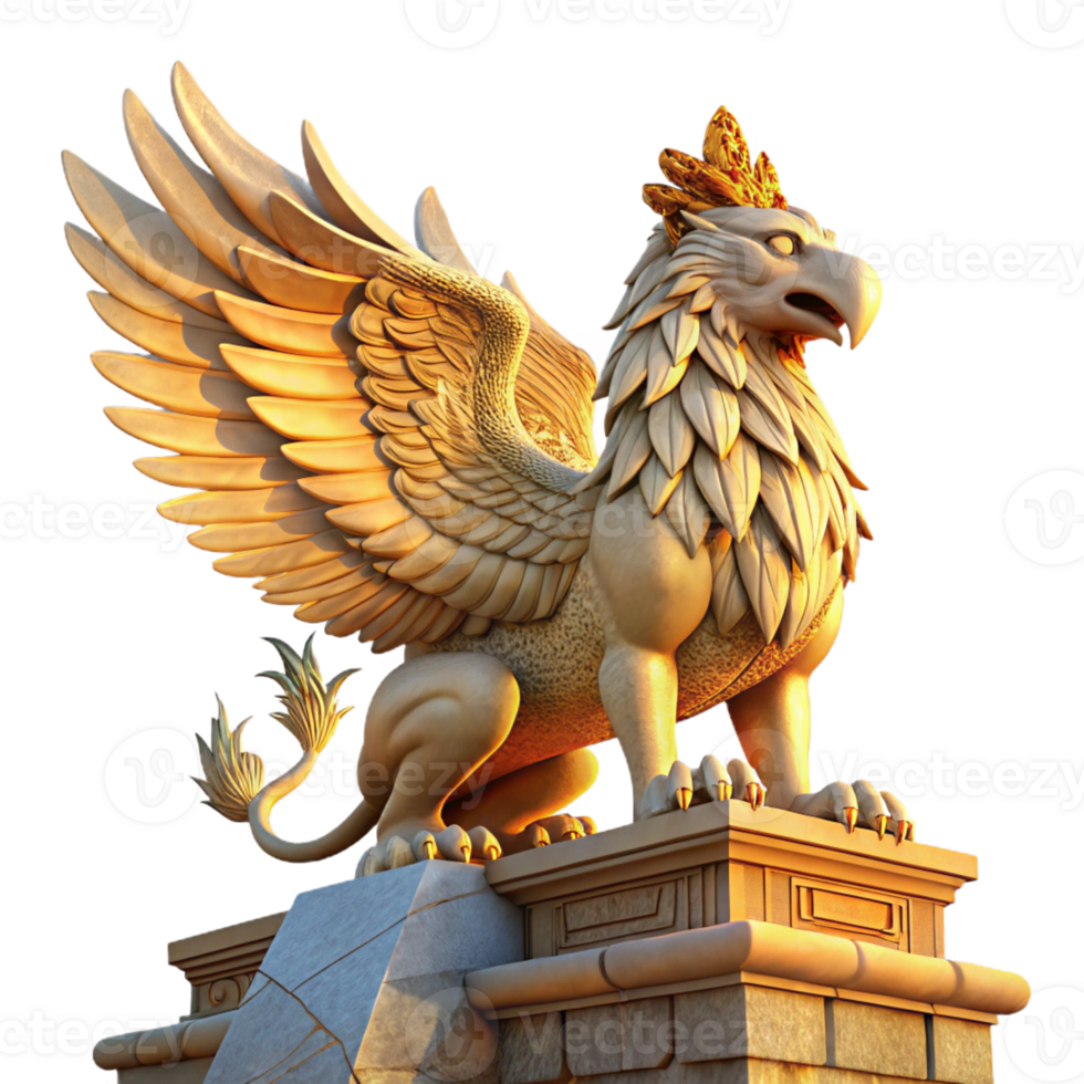 elegant traditional A majestic griffin perched atop a crumbling ziggurat bathed in golden sunset light, intricate carvings visible on its feathers and the stone, Art Nouveau style professional png