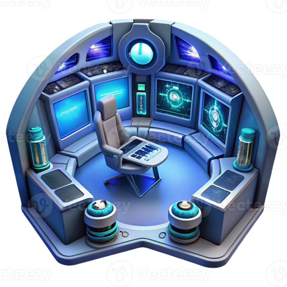 elegant vintage A futuristic spaceship interior with holographic displays and sleek control panels, dim blue lighting high resolution png