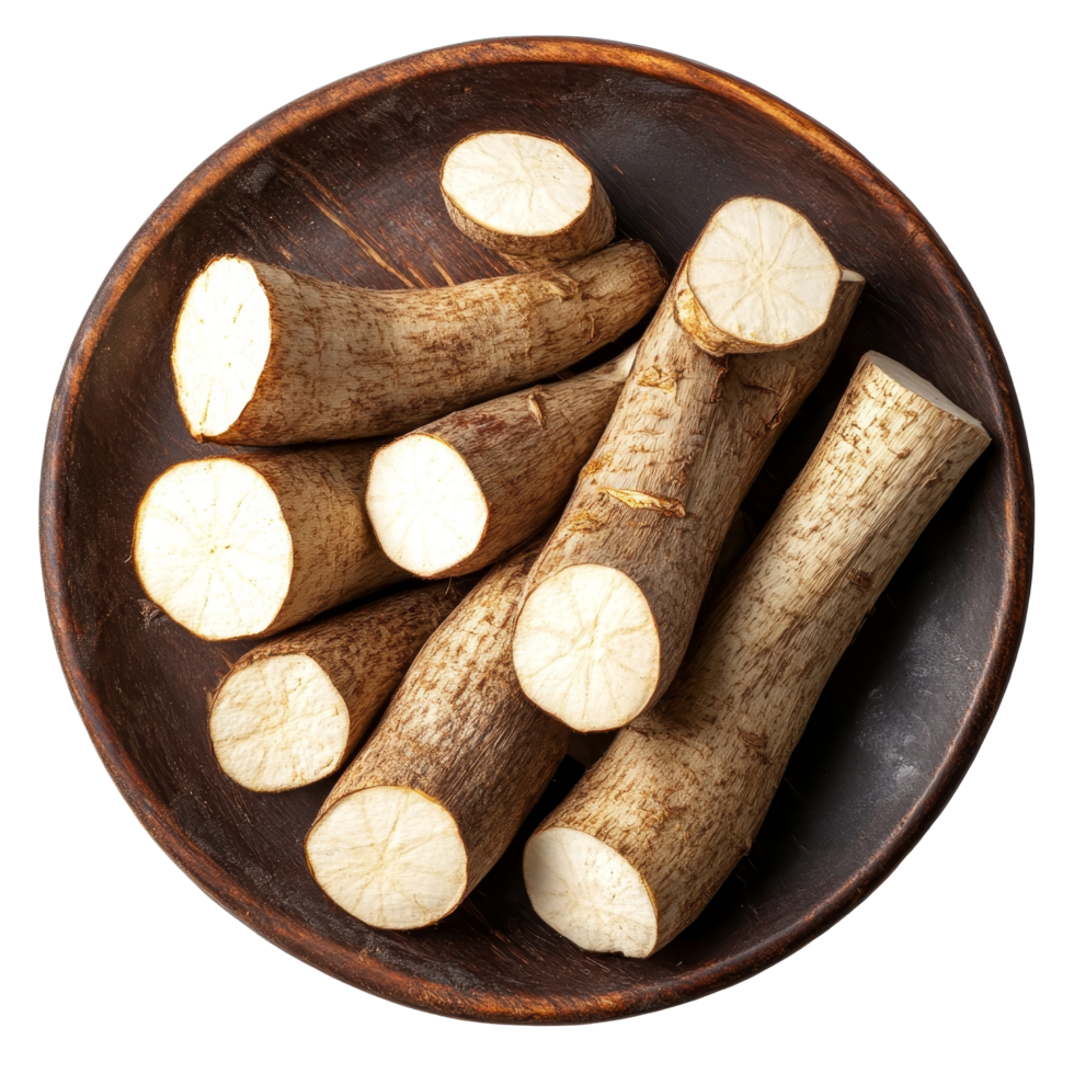 Fresh cassava roots neatly arranged on a rustic wooden plate against a clean transparent background, Cassava in plate on transparent background png