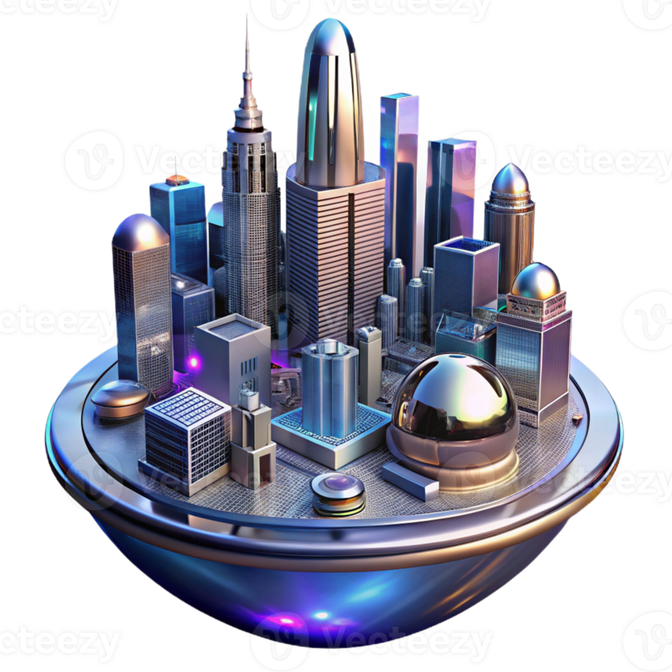 stunning minimalist A futuristic cityscape reflected in a polished chrome surface, skyscrapers and flying vehicles, cyberpunk style, illuminated by neon reflections premium png