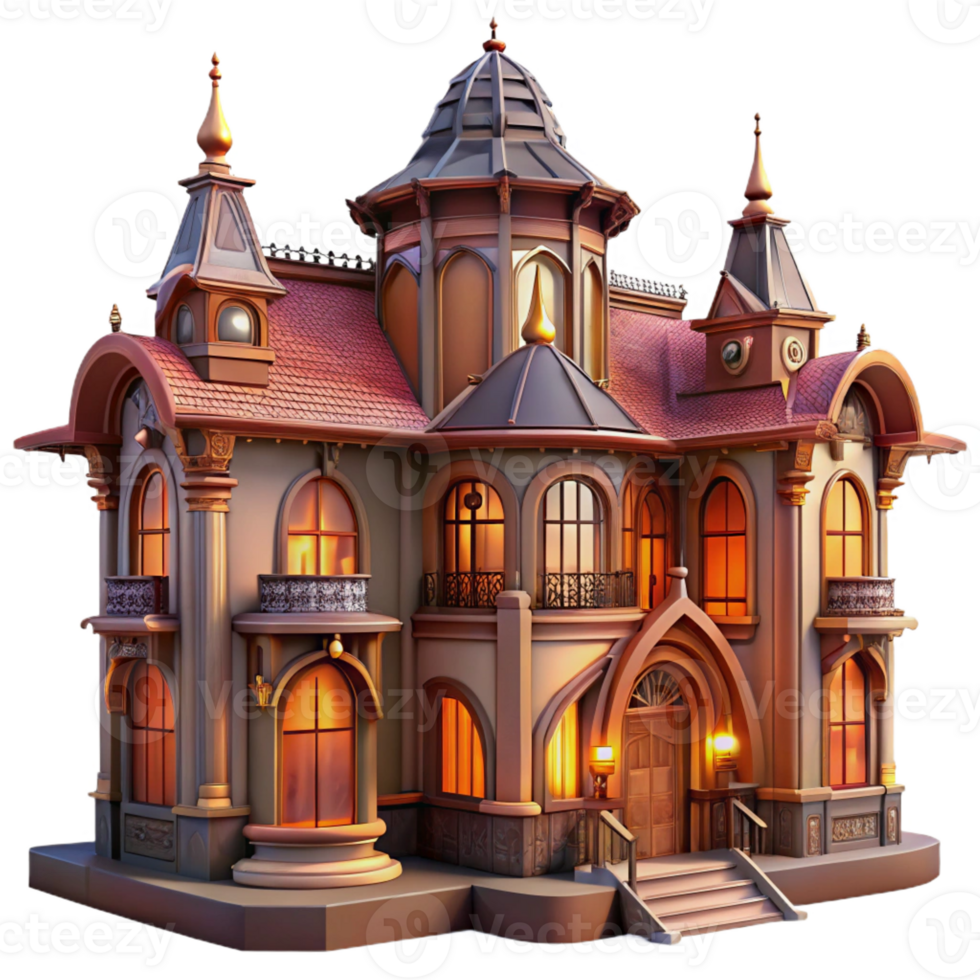 impressive rustic An Art Nouveau mansion with ornate ironwork and stained glass, warm interior lighting, rich colours, romantic atmosphere detailed png