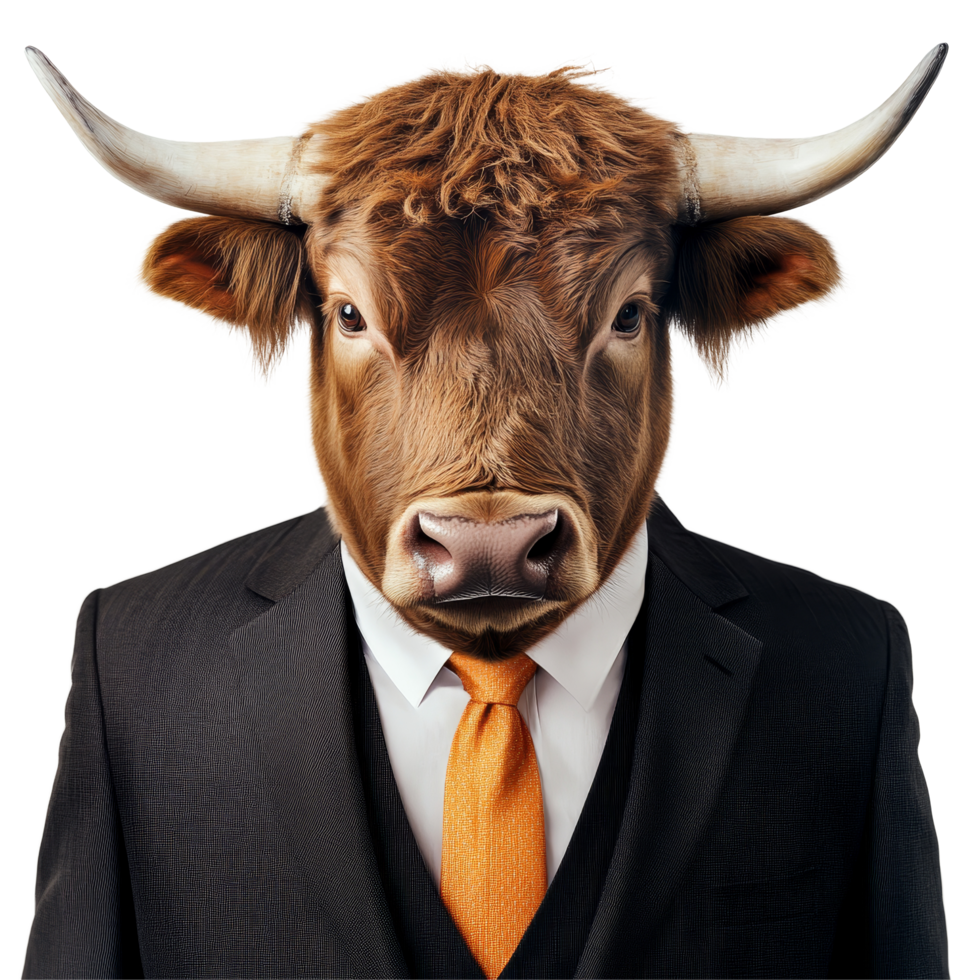 A bull dressed in a suit and tie, showcasing a unique blend of elegance and animal charm in a minimalist setting, Portrait of a bull wearing a suite, dress shirt and tie on a transparent background, png