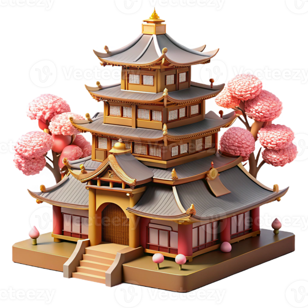 elegant rustic A traditional Japanese castle, intricate wooden architecture, cherry blossoms in the foreground, soft lighting, peaceful atmosphere original png
