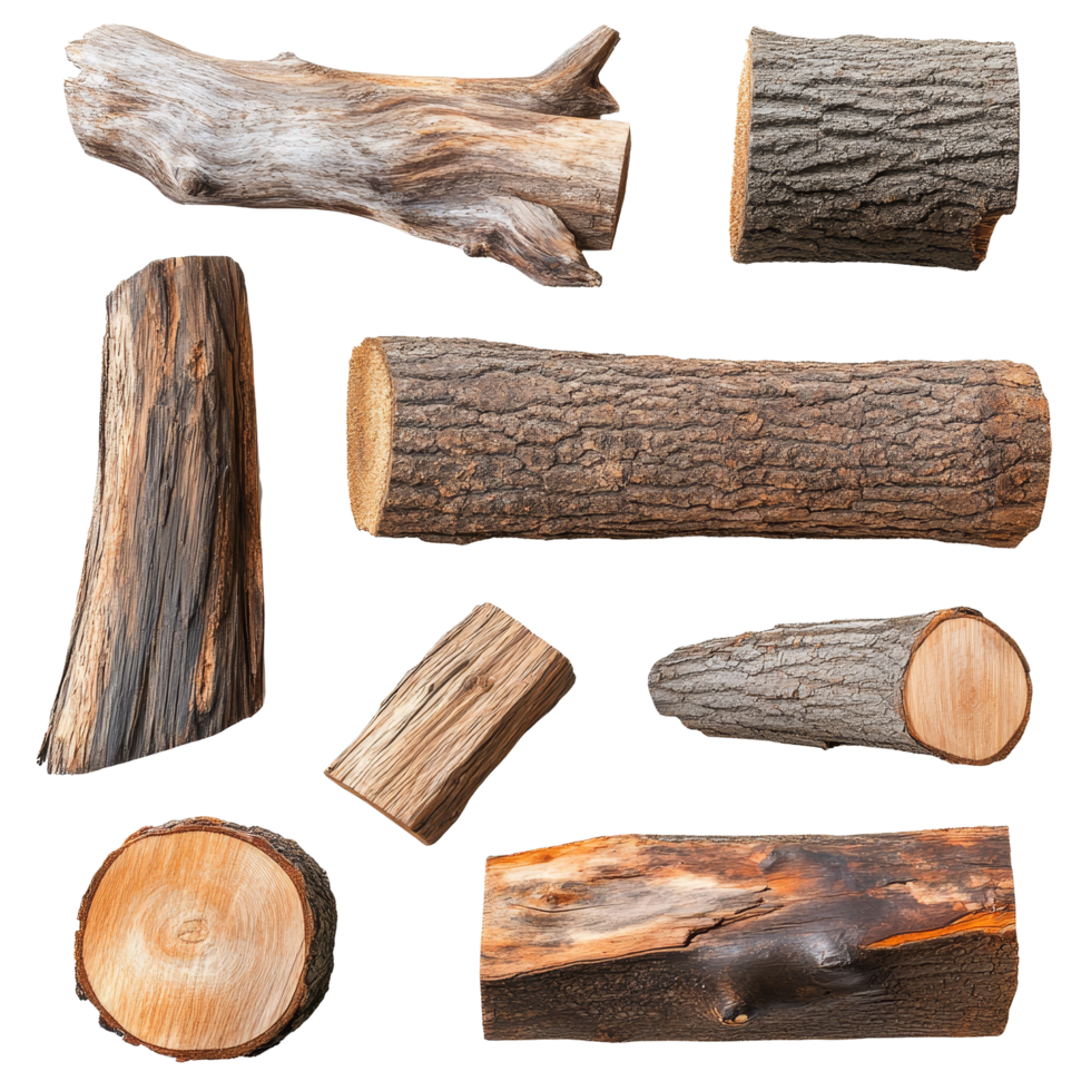 A collection of various types of old wood logs arranged on a transparent background showcasing, Different types of old wood logs transparent background. Wooden log isolated on transparent background png